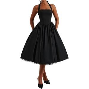 Abyovrt Black Sleeveless Halter Tulle Skirt Midi Cocktail Dress Women's Medium